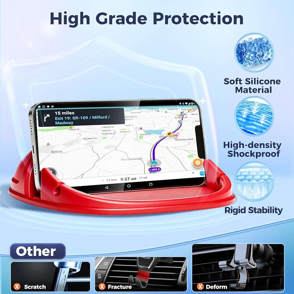 Loncaster Car Phone Holder, Car Phone Mount Silicone Car Pad Mat for Various Dashboards, Slip Free Desk Phone Stand Compatible with iPhone, Samsung, Android Smartphones, GPS Devices and More (Red) - Image 3