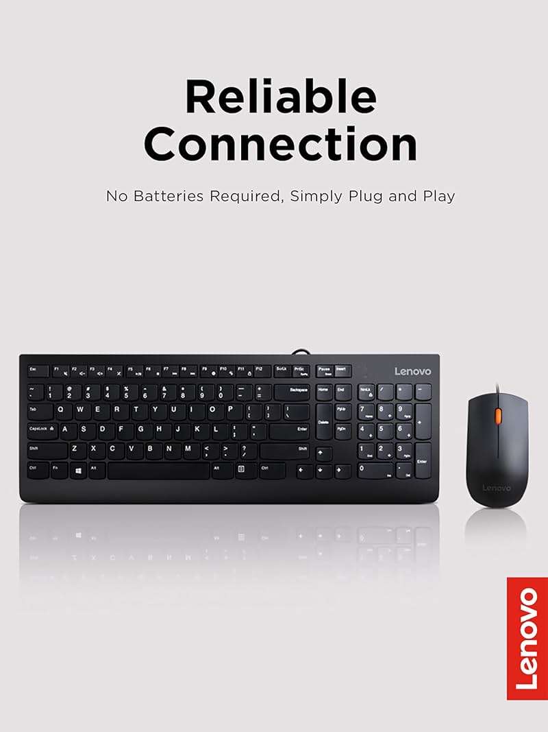 Lenovo 300 USB Combo, Full-Size Wired Keyboard & Mouse, Ergonomic, Left or Right Hand Mouse, Optical Mouse, GX30M39606, Black - Image 2