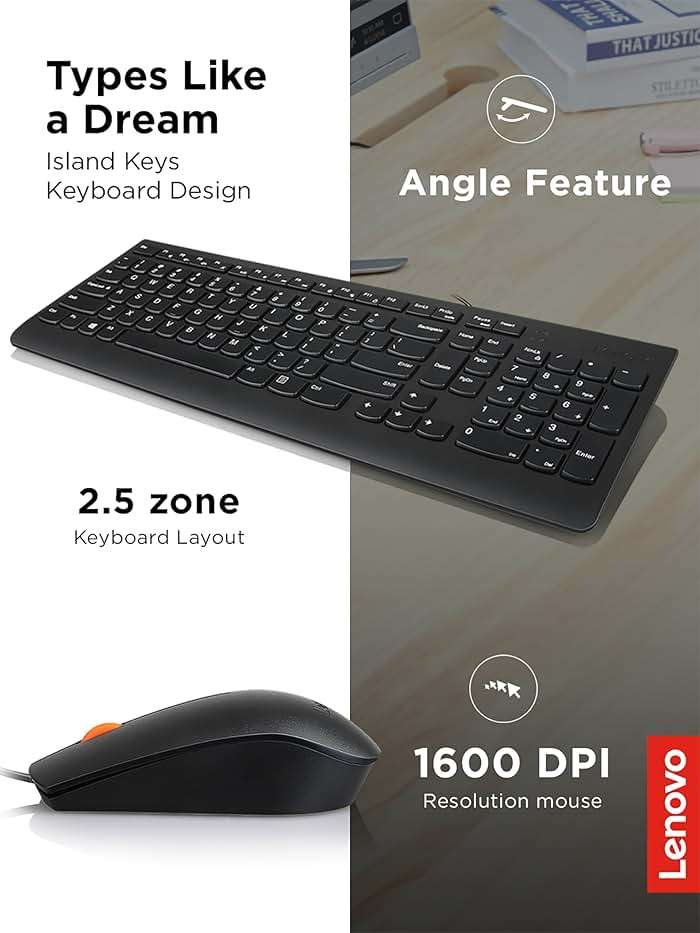 Lenovo 300 USB Combo, Full-Size Wired Keyboard & Mouse, Ergonomic, Left or Right Hand Mouse, Optical Mouse, GX30M39606, Black - Image 3