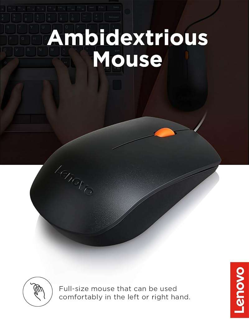 Lenovo 300 USB Combo, Full-Size Wired Keyboard & Mouse, Ergonomic, Left or Right Hand Mouse, Optical Mouse, GX30M39606, Black - Image 4