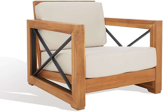 Safavieh CPT1009A Couture Curacao Brazilian Teak Outdoor Patio Club Chair, Natural/White - Image 1