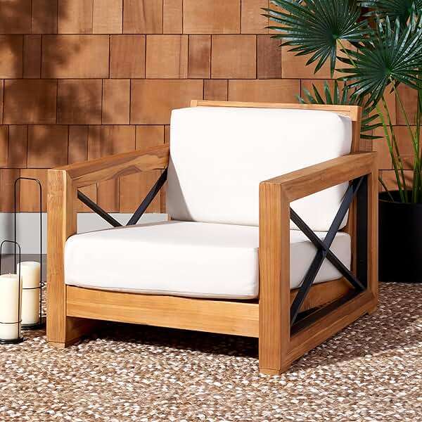 Safavieh CPT1009A Couture Curacao Brazilian Teak Outdoor Patio Club Chair, Natural/White - Image 2