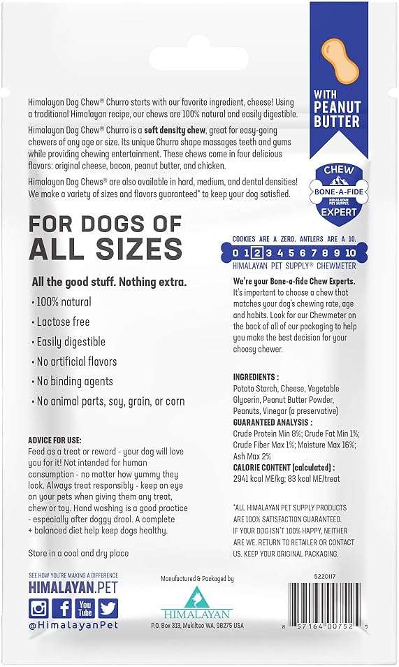 Himalayan Dog Chew Churro Yak Cheese Dog Chews, 100% Natural, Long Lasting, Gluten Free, Healthy & Safe Dog Treats, Lactose & Grain Free, Protein Rich, Real Peanut Butter Flavor, 4 Churros Per Pouch - Image 2