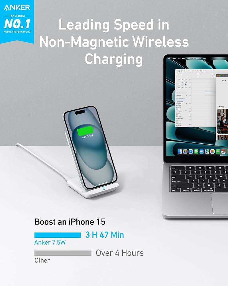 Anker 313 Wireless Charger (Stand), Qi-Certified for iPhone 15/14 / 13/12 / 11 / X / 8, 10W Max for Galaxy S23 / S22 / S21, Micro-USB (9V / 2A Adapter Required, Not Included) - Image 2