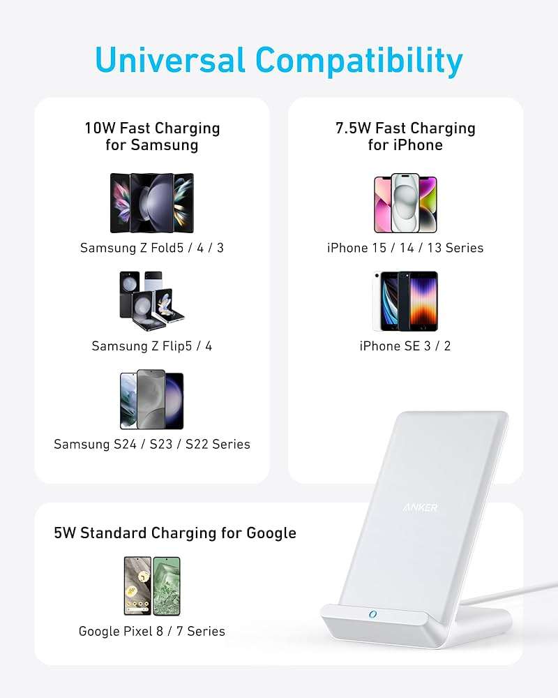 Anker 313 Wireless Charger (Stand), Qi-Certified for iPhone 15/14 / 13/12 / 11 / X / 8, 10W Max for Galaxy S23 / S22 / S21, Micro-USB (9V / 2A Adapter Required, Not Included) - Image 3