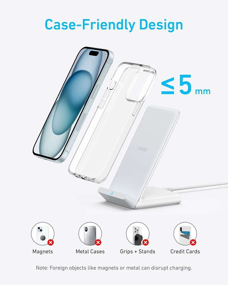 Anker 313 Wireless Charger (Stand), Qi-Certified for iPhone 15/14 / 13/12 / 11 / X / 8, 10W Max for Galaxy S23 / S22 / S21, Micro-USB (9V / 2A Adapter Required, Not Included) - Image 5