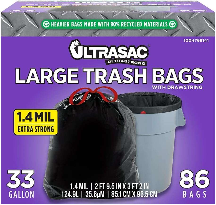 Ultrasac Black Large Heavy Duty Drawstring Trash Bags 33 Gallon 1.4 MIL, 33.5" x 38" - Pack of 86 - For Home, Commercial, Construction, & Outdoor - Image 1