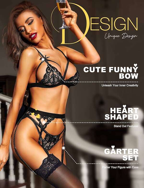 RSLOVE Women Lingerie Set with Garter Belt | Heart Cutout Lace Design, Adjustable Fit, Soft Stretch Fabric, 3 Piece Romantic Lingerie Set - Image 2
