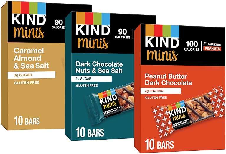 KIND Mini Snack Bars Variety Pack, Gluten Free, Low Sugar, Low Calorie Snacks, Dark Chocolate Nuts & Sea Salt, Peanut Butter Dark Chocolate, Caramel Almond & Sea Salt, 30 Count - Image 1