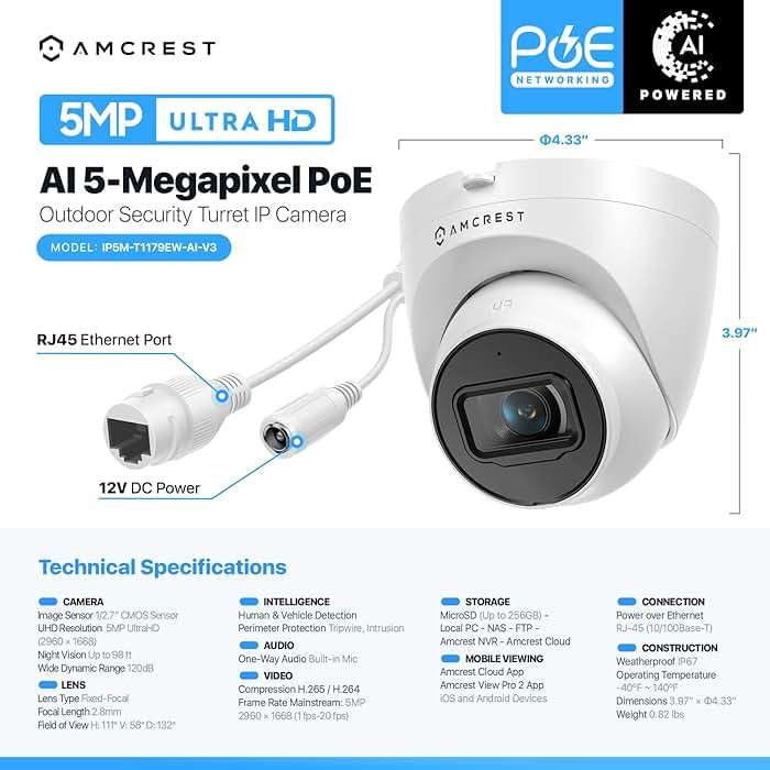 Amcrest 5MP Turret POE Camera, UltraHD Outdoor IP Camera POE with Mic/Audio, 5-Megapixel Security Surveillance Cameras, 98ft NightVision, 132° FOV, MicroSD (256GB), (IP5M-T1179EW-AI-V3) - Image 7