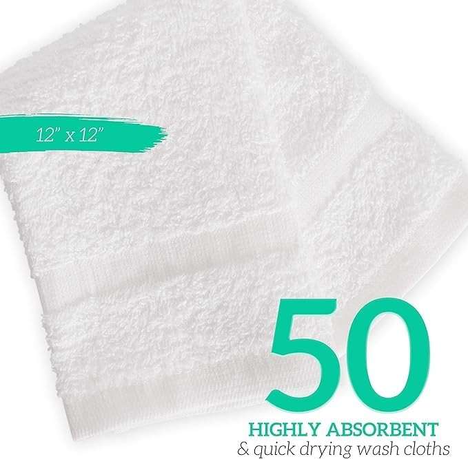 GREEN LIFESTYLE Washcloths 12" x 12" 50 Pack - 100% Cotton Wash Cloths, Bulk Washcloths, Face Towels Cotton, Soft Absorbent Bath Washcloths for Body, Face and Bathroom Use (White) - Image 3