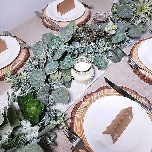 Winlyn 5.9' Long Faux Silver Dollar Eucalyptus Leaves Greenery Artificial Garland in Grey Green for Wedding Arch Swag Backdrop Doorways Table Runner Indoor Outdoor - Image 5