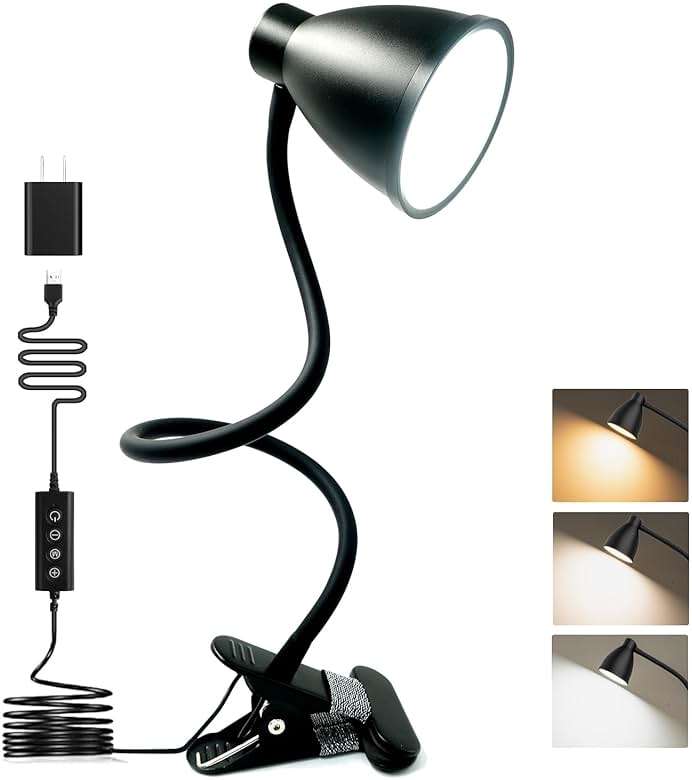 BOHON Desk Lamp 5 Color Modes 10 Brightness Dimmer Reading Light 10W 38 LED Clamp Lamp with Auto Off Timer 360° Flexible Neck Clip on Light for Bed Bedside, AC Adapter Include - Image 1