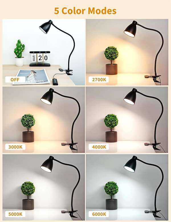 BOHON Desk Lamp 5 Color Modes 10 Brightness Dimmer Reading Light 10W 38 LED Clamp Lamp with Auto Off Timer 360° Flexible Neck Clip on Light for Bed Bedside, AC Adapter Include - Image 2