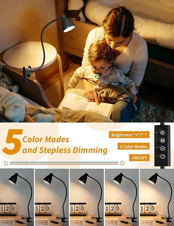 BOHON Desk Lamp 5 Color Modes 10 Brightness Dimmer Reading Light 10W 38 LED Clamp Lamp with Auto Off Timer 360° Flexible Neck Clip on Light for Bed Bedside, AC Adapter Include - Image 3