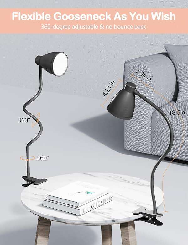BOHON Desk Lamp 5 Color Modes 10 Brightness Dimmer Reading Light 10W 38 LED Clamp Lamp with Auto Off Timer 360° Flexible Neck Clip on Light for Bed Bedside, AC Adapter Include - Image 5