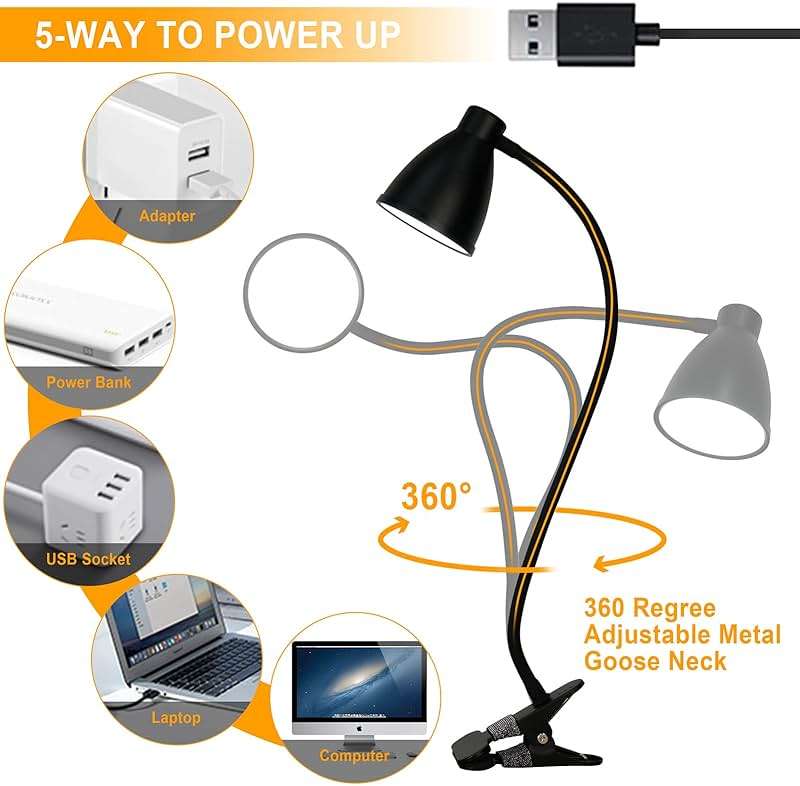 BOHON Desk Lamp 5 Color Modes 10 Brightness Dimmer Reading Light 10W 38 LED Clamp Lamp with Auto Off Timer 360° Flexible Neck Clip on Light for Bed Bedside, AC Adapter Include - Image 8