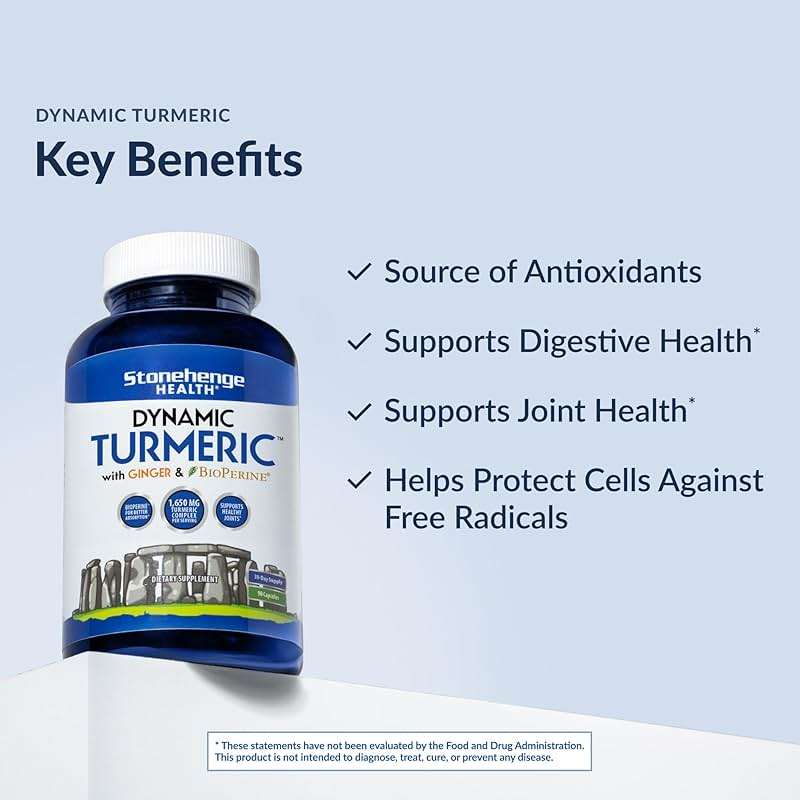 Stonehenge Health Dynamic Turmeric Curcumin with Ginger - High Potency - 1,650 mg Turmeric with 95% Curcuminoids & BioPerine, 90 Vegetarian Capsules - Image 3