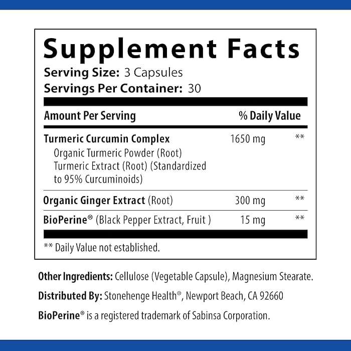 Stonehenge Health Dynamic Turmeric Curcumin with Ginger - High Potency - 1,650 mg Turmeric with 95% Curcuminoids & BioPerine, 90 Vegetarian Capsules - Image 6