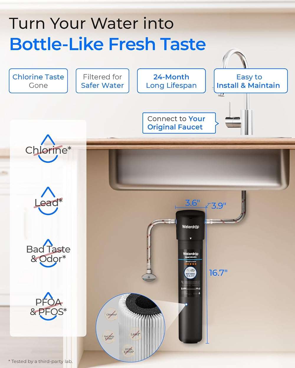 Waterdrop 15UA Under Sink Water Filter System, 19000 Gallons, Reduces Lead, Chlorine, Bad Taste & Odor, Under Counter Water Filter Connects Directly to Your Faucet, NSF/ANSI 42 Certified, 2 Years - Image 2