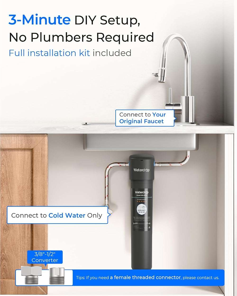 Waterdrop 15UA Under Sink Water Filter System, 19000 Gallons, Reduces Lead, Chlorine, Bad Taste & Odor, Under Counter Water Filter Connects Directly to Your Faucet, NSF/ANSI 42 Certified, 2 Years - Image 8