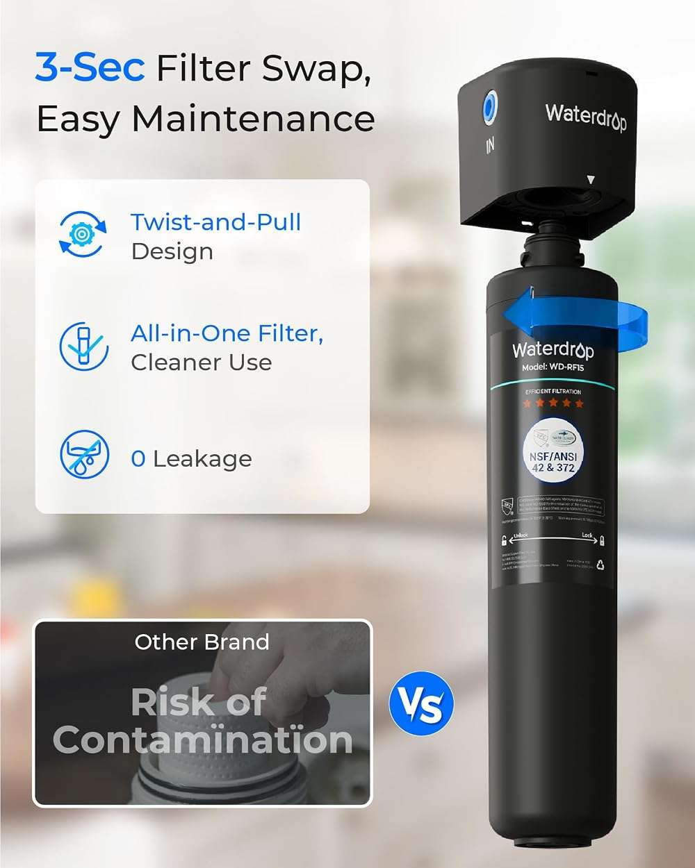 Waterdrop 15UA Under Sink Water Filter System, 19000 Gallons, Reduces Lead, Chlorine, Bad Taste & Odor, Under Counter Water Filter Connects Directly to Your Faucet, NSF/ANSI 42 Certified, 2 Years - Image 9