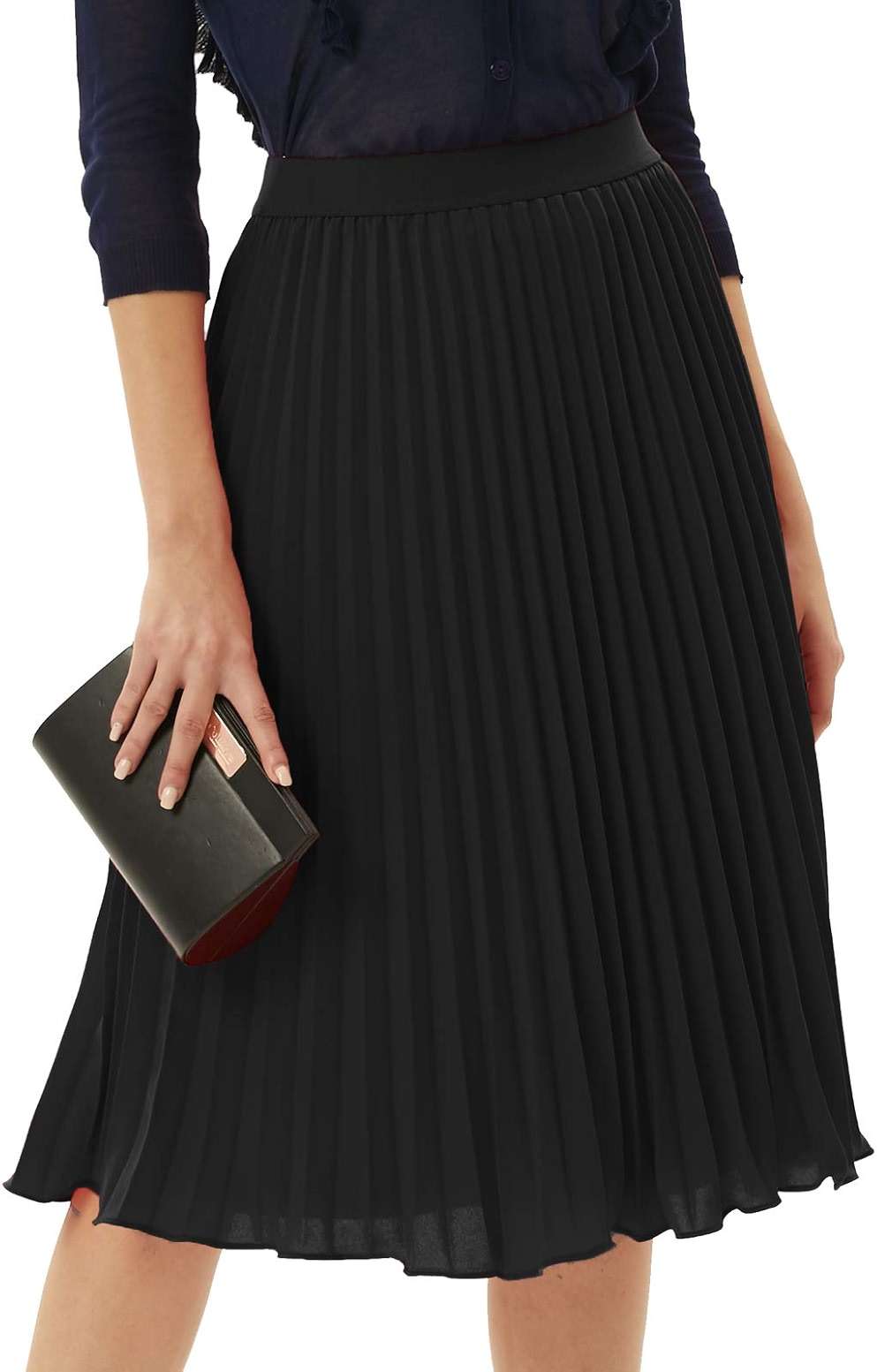 GRACE KARIN Pleated Midi Skirt for Women,Chiffon Elastic High Waist Knee Length Skirts,Swing Flare A-Line Outfits - Image 2