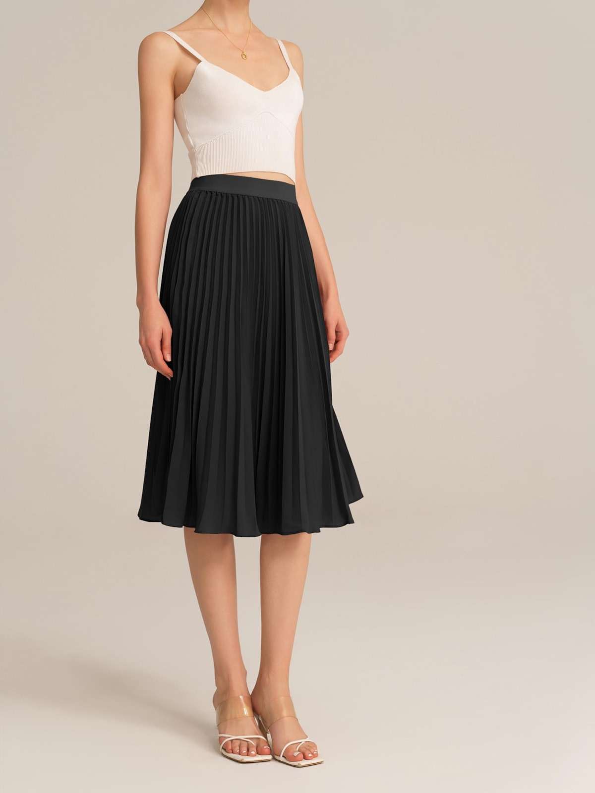 GRACE KARIN Pleated Midi Skirt for Women,Chiffon Elastic High Waist Knee Length Skirts,Swing Flare A-Line Outfits - Image 3