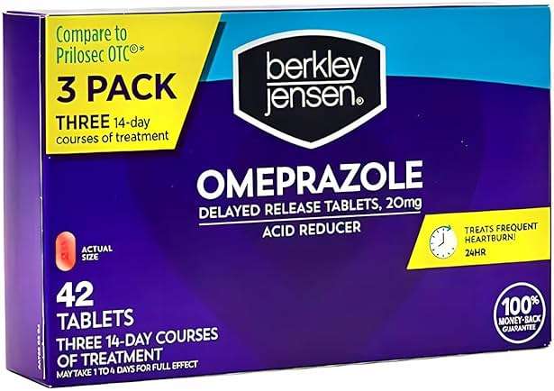 berkley jensen Omeprazole 20 mg Delayed Release Tablets - Heartburn Medicine- Acid Reducer Pills - Treats Frequent Heartburn - 3 x 14-Day Courses, 42 Count Total (Pack of 1) | Heartburn Medicine, Acid Reducer Pills, Treats Frequent Heartburn, 3 x 14-Day Courses - Image 1