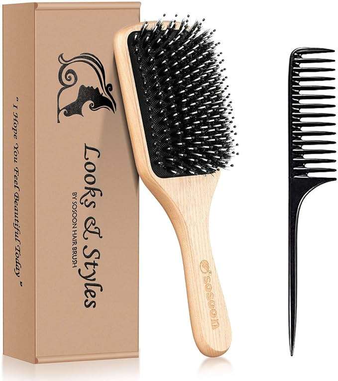 Hair Brush, Sosoon Boar Bristle Paddle Hairbrush for Long Short Thick Thin Curly Straight Wavy Dry Hair for Men Women Kids, No More Tangle, Giftbox & Tail Comb Included - Image 1