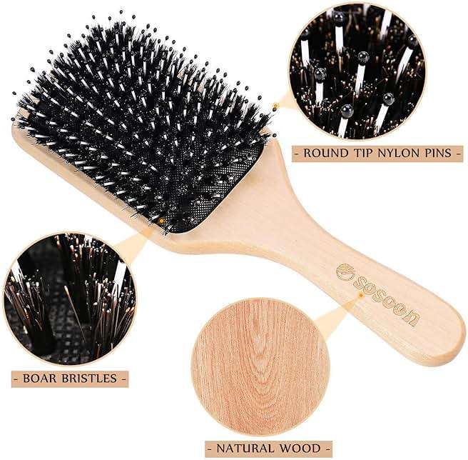 Hair Brush, Sosoon Boar Bristle Paddle Hairbrush for Long Short Thick Thin Curly Straight Wavy Dry Hair for Men Women Kids, No More Tangle, Giftbox & Tail Comb Included - Image 2