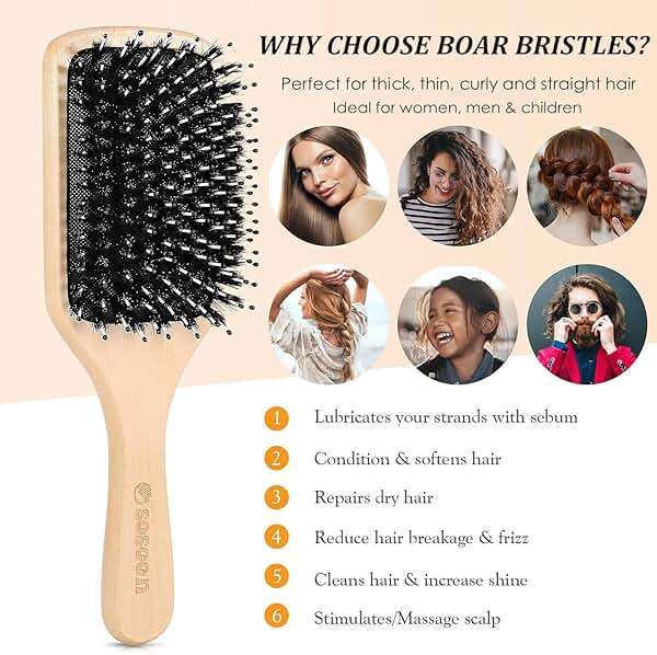Hair Brush, Sosoon Boar Bristle Paddle Hairbrush for Long Short Thick Thin Curly Straight Wavy Dry Hair for Men Women Kids, No More Tangle, Giftbox & Tail Comb Included - Image 3