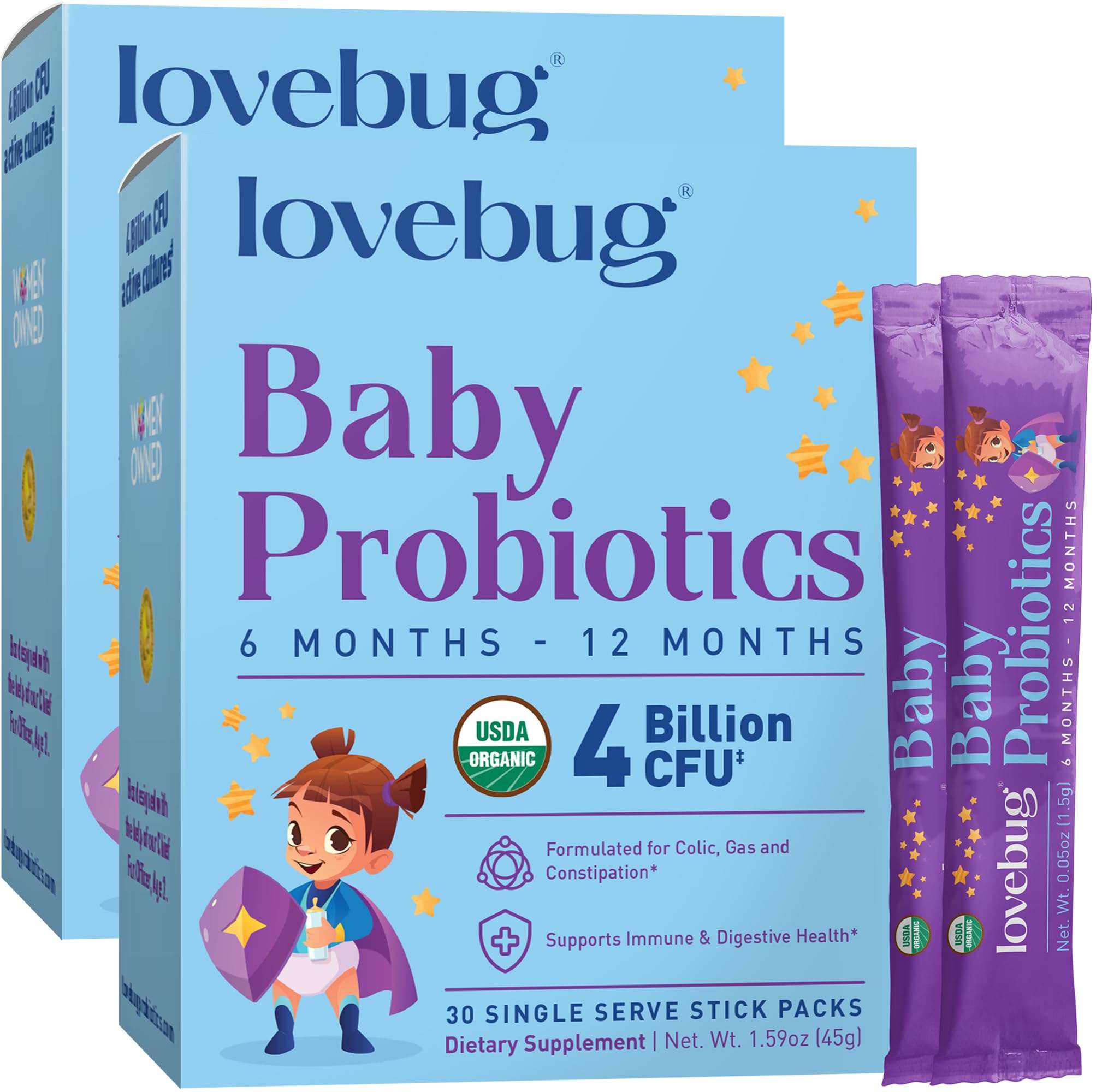 LOVEBUG Award Winning USDA Organic Probiotic for Babies | Multi-Strain 4 Billion CFU | Easy-to-Take Powder | Sugar Free | Ages 6-12 Months | 60 Packets - Image 1