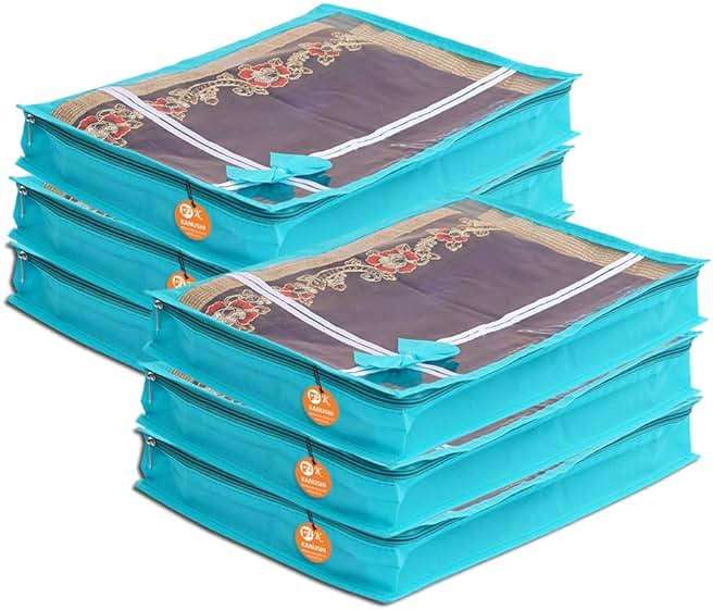 KANUSHI® Set Of 6 Pc Flower Design Transparent Saree Cover/Bag with Stainless Steel Zip Lock Combo(Large) (Light Green) - Image 1