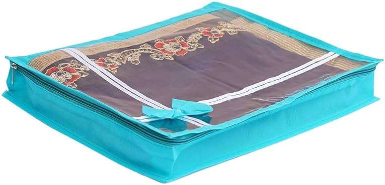 KANUSHI® Set Of 6 Pc Flower Design Transparent Saree Cover/Bag with Stainless Steel Zip Lock Combo(Large) (Light Green) - Image 4