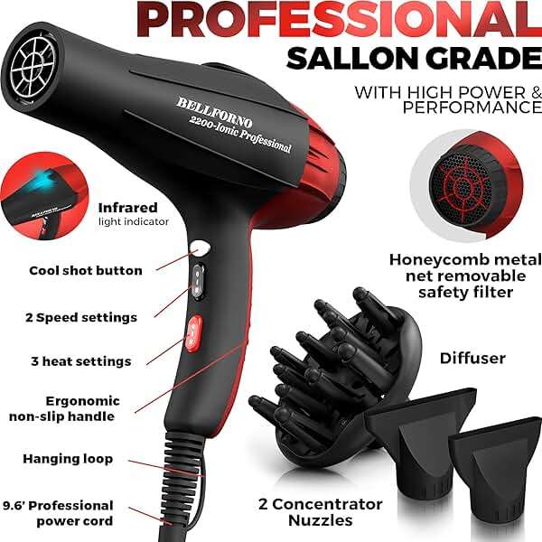 Professional Ionic Salon Hair Dryer, 2200 Watt Powerful AC Motor Ceramic Tourmaline Ion Blow Dryer, Quiet Hair Dryers with Diffuser & 2 Concentrator Nozzle Attachments Black/Red - Image 4