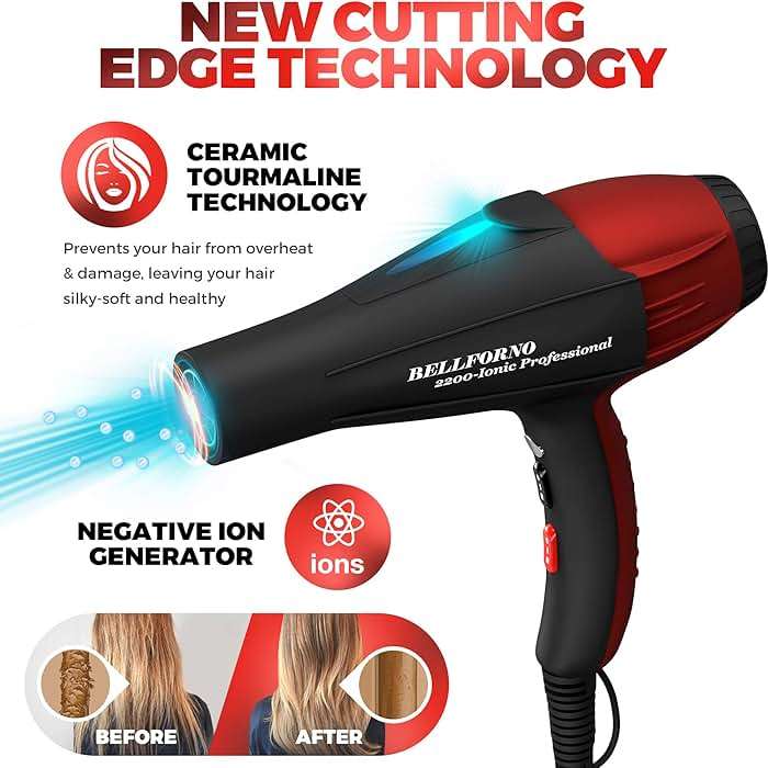 Professional Ionic Salon Hair Dryer, 2200 Watt Powerful AC Motor Ceramic Tourmaline Ion Blow Dryer, Quiet Hair Dryers with Diffuser & 2 Concentrator Nozzle Attachments Black/Red - Image 5