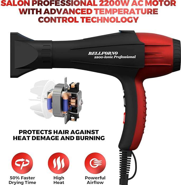 Professional Ionic Salon Hair Dryer, 2200 Watt Powerful AC Motor Ceramic Tourmaline Ion Blow Dryer, Quiet Hair Dryers with Diffuser & 2 Concentrator Nozzle Attachments Black/Red - Image 9