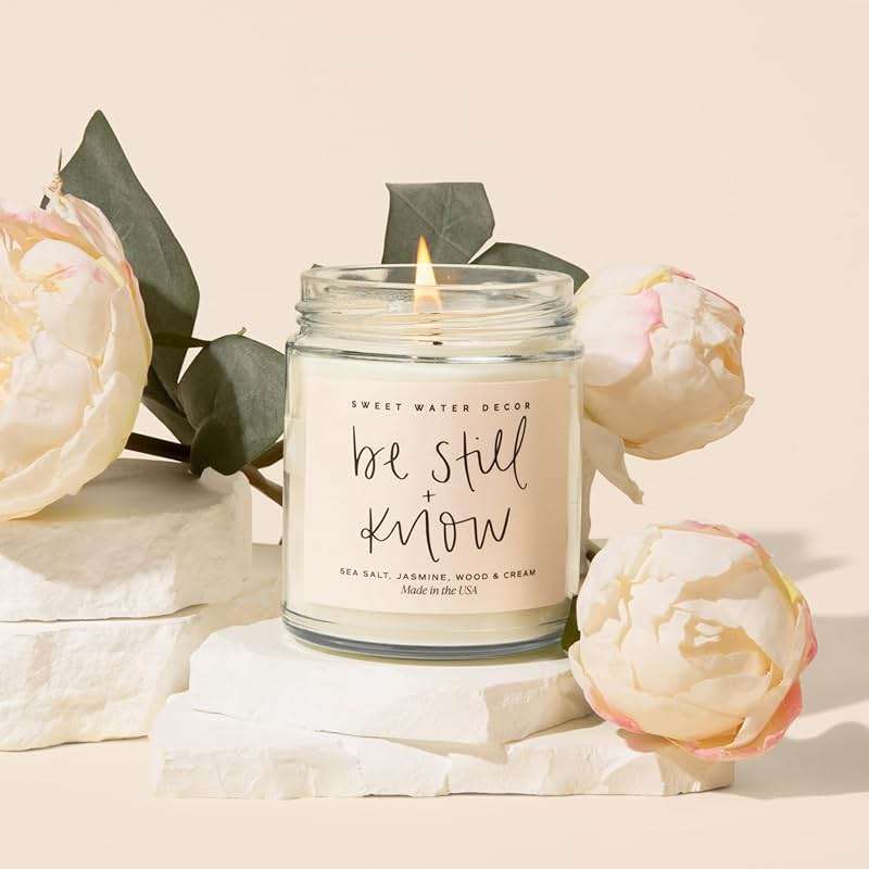 Sweet Water Decor, Be Still and Know, Sea Salt, Jasmine, Cream, and Wood Scented Soy Wax Candle for Home - Christian Candle Gifts for Women - 9oz Clear Jar, 40 Hour Burn Time, Made in the USA - Image 4