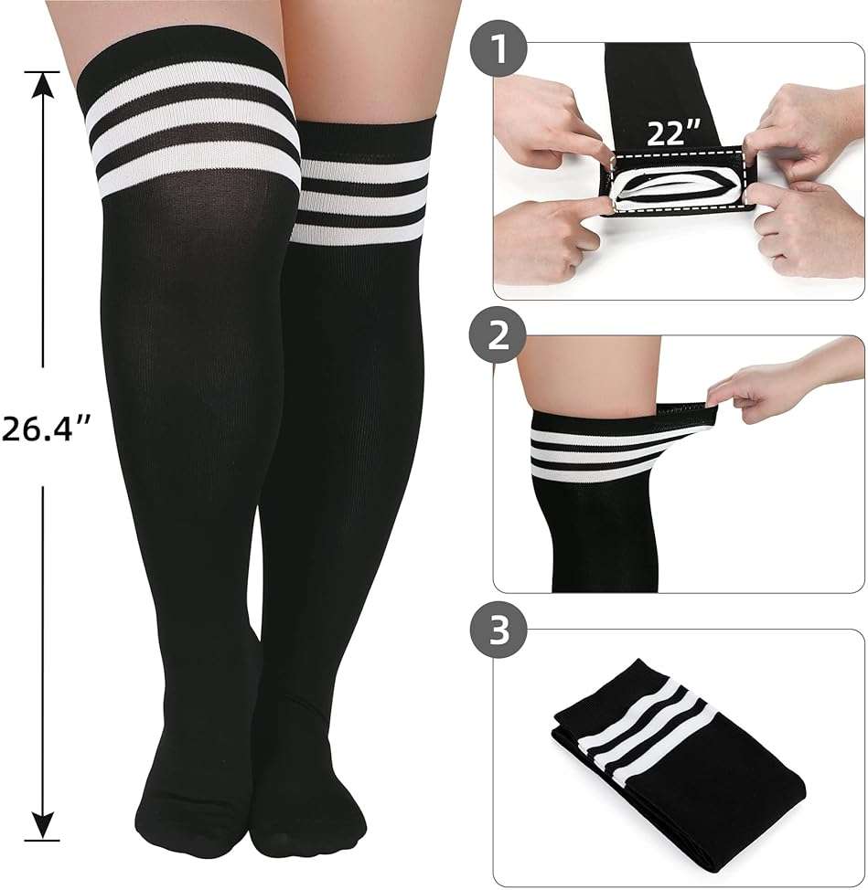 Zando Women Plus Size Thigh High Stockings Over the Knee Thin Tube Socks Long Sport Tights Casual Striped Leg Warmers - Image 2