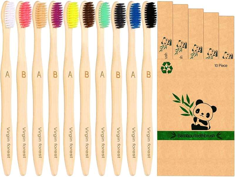 Virgin Forest 10 Count Bamboo Toothbrush, Soft Bristle for Adults, Eco Friendly Natural Wooden Toothbrushes, Vegan Organic Bamboo Travel Tooth Brush (10 Colors) - Image 1