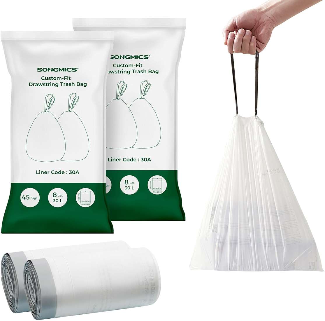 SONGMICS Trash Bags, Drawstring Kitchen Garbage Bags, Pre-Separated, Box-Free Pack, for 8-Gallon (30 L) Trash Cans, Liner Code 30A, 2 Rolls, 90 Count, White UKRB30A02 - Image 1
