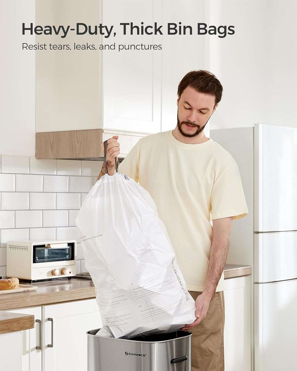 SONGMICS Trash Bags, Drawstring Kitchen Garbage Bags, Pre-Separated, Box-Free Pack, for 8-Gallon (30 L) Trash Cans, Liner Code 30A, 2 Rolls, 90 Count, White UKRB30A02 - Image 2
