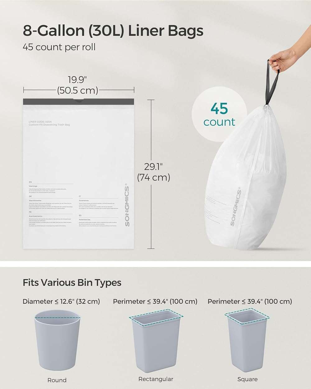 SONGMICS Trash Bags, Drawstring Kitchen Garbage Bags, Pre-Separated, Box-Free Pack, for 8-Gallon (30 L) Trash Cans, Liner Code 30A, 2 Rolls, 90 Count, White UKRB30A02 - Image 6