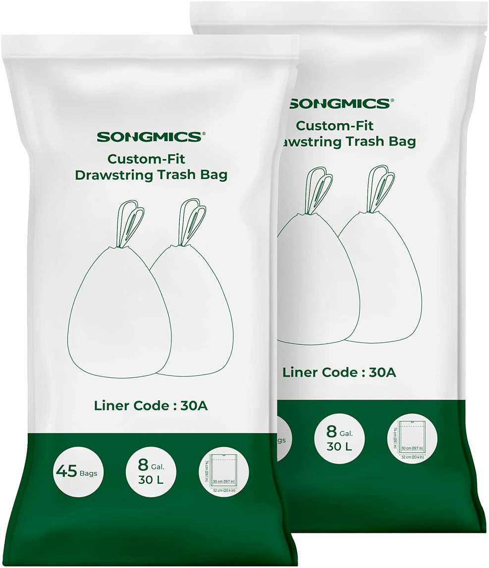 SONGMICS Trash Bags, Drawstring Kitchen Garbage Bags, Pre-Separated, Box-Free Pack, for 8-Gallon (30 L) Trash Cans, Liner Code 30A, 2 Rolls, 90 Count, White UKRB30A02 - Image 9