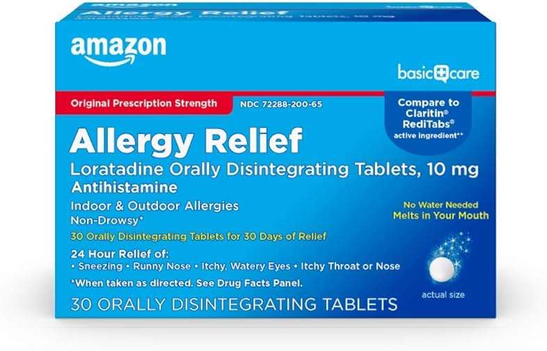 Amazon Basic Care Loratadine Orally Disintegrating Tablets, 10 mg, Antihistamine, Allergy Medicine, 24 Hour Relief, Non-Drowsy, 30 Count - Image 1
