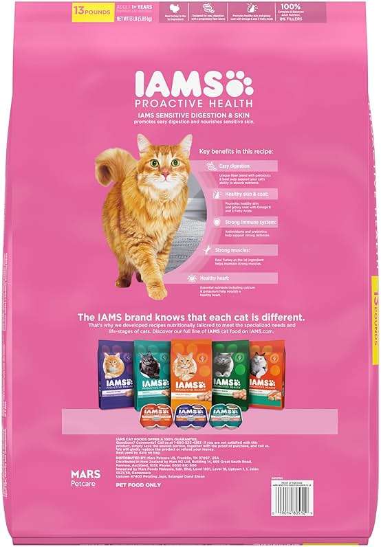 IAMS Proactive Health Sensitive Digestion & Skin Dry Cat Food, Adult Cat Food Dry Recipe with Real Turkey, 13 lb. Bag - Image 2
