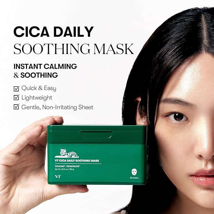 VT COSMETICS CICA Daily Soothing Mask, 30 Sheet Face Masks for Sensitive Skin, Centella Asiatica & Triple Hyaluronic Acid, Hydrating Korean Sheet Mask for Redness, Dryness & Skin Barrier Care - Image 2