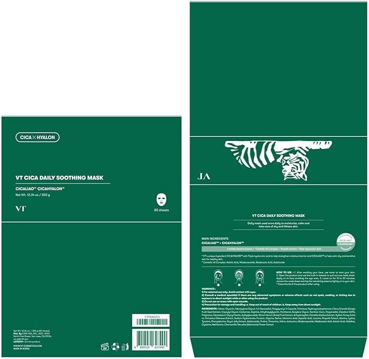 VT COSMETICS CICA Daily Soothing Mask, 30 Sheet Face Masks for Sensitive Skin, Centella Asiatica & Triple Hyaluronic Acid, Hydrating Korean Sheet Mask for Redness, Dryness & Skin Barrier Care - Image 6