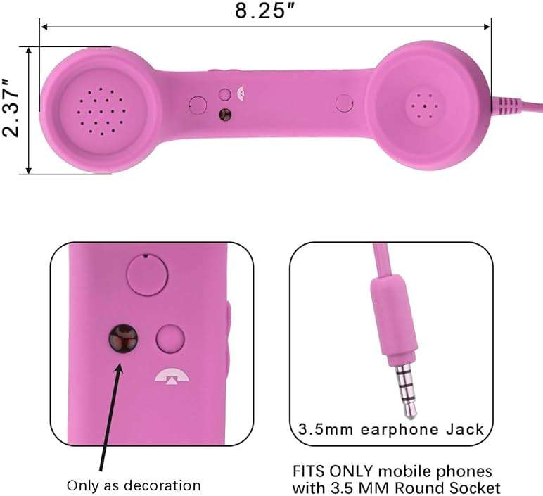 CM Vintage Retro Telephone Handset Cell Phone Receiver MIC Microphone for Cellphone Smartphone, 3.5 mm Socket (Pink) - Image 3